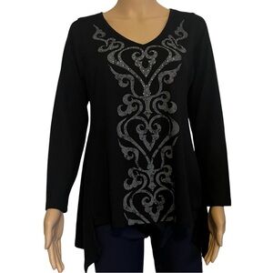 One World tight knit cardigan black Large decorative white pattern long sleeves